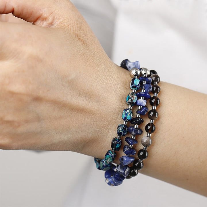 Pulsera de triple vuelta con Buddha Stones, piedra emperador, sodalita, oro y obsidiana brillante