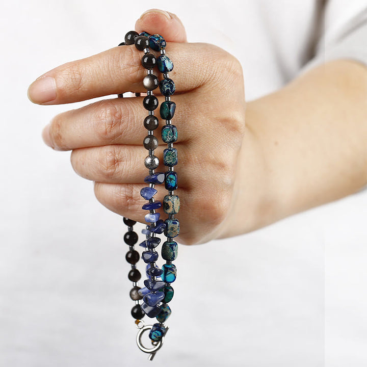 Pulsera de triple vuelta con Buddha Stones, piedra emperador, sodalita, oro y obsidiana brillante