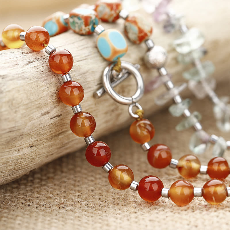 Pulsera triple envolvente con piedra del emperador, fluorita y ágata roja y Buddha Stones