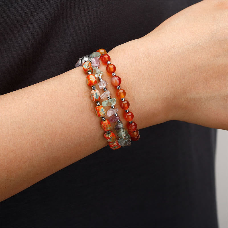 Pulsera triple envolvente con piedra del emperador, fluorita y ágata roja y Buddha Stones