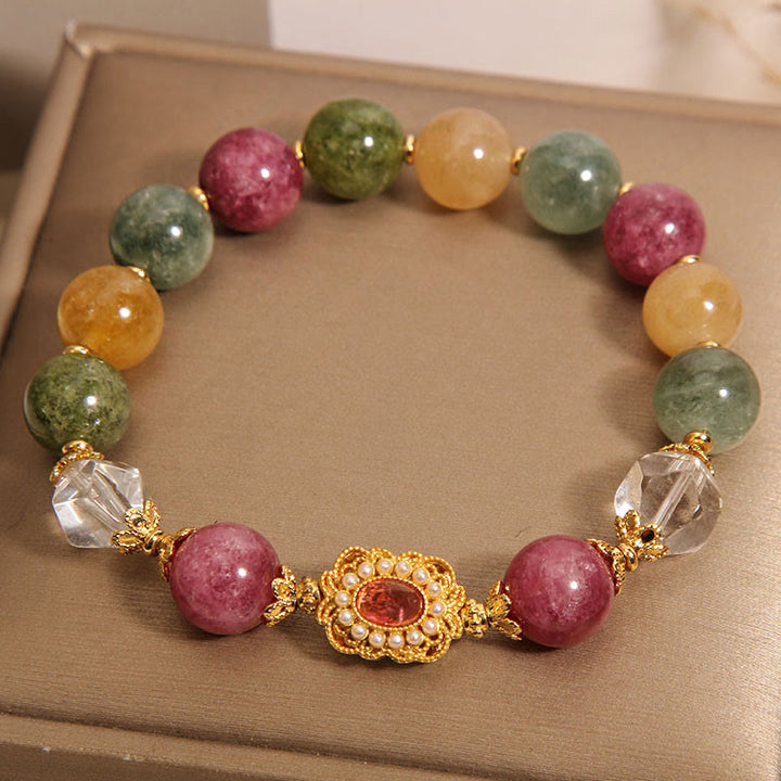 Pulsera de sabiduría con Buddha Stones, turmalina, perla, cristal rosa y cristal blanco