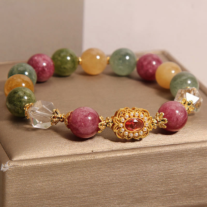 Pulsera de sabiduría con Buddha Stones, turmalina, perla, cristal rosa y cristal blanco