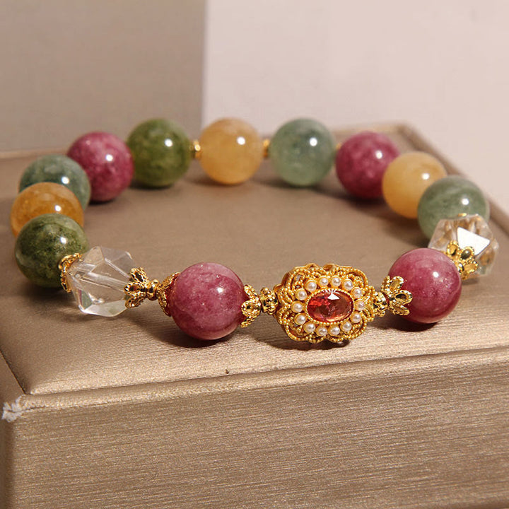 Pulsera de sabiduría con Buddha Stones, turmalina, perla, cristal rosa y cristal blanco