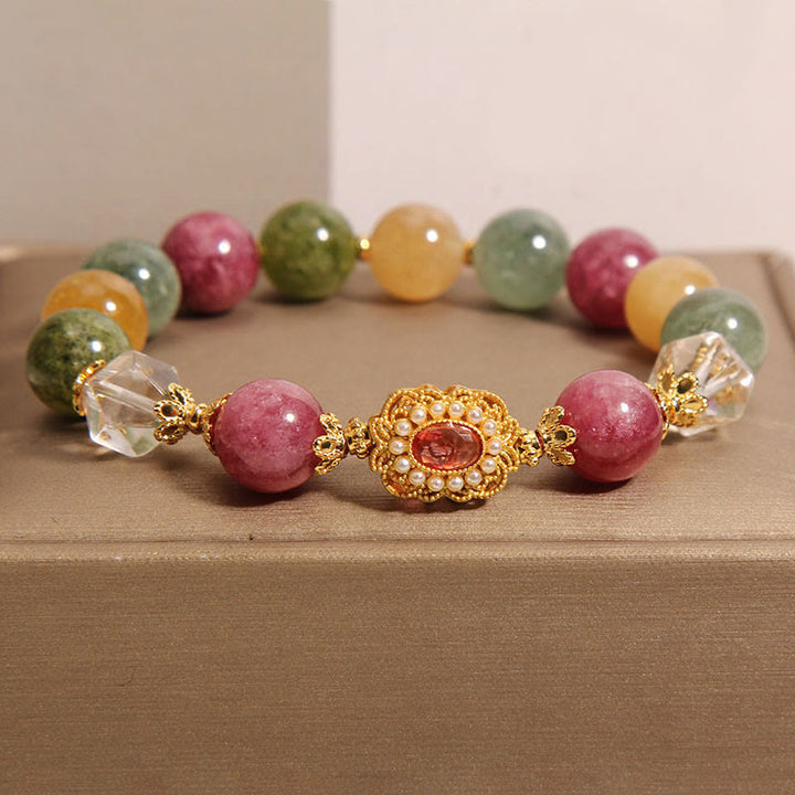 Pulsera de sabiduría con Buddha Stones, turmalina, perla, cristal rosa y cristal blanco