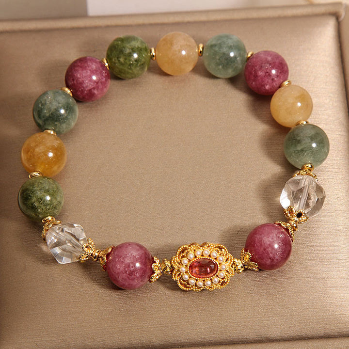Pulsera de sabiduría con Buddha Stones, turmalina, perla, cristal rosa y cristal blanco