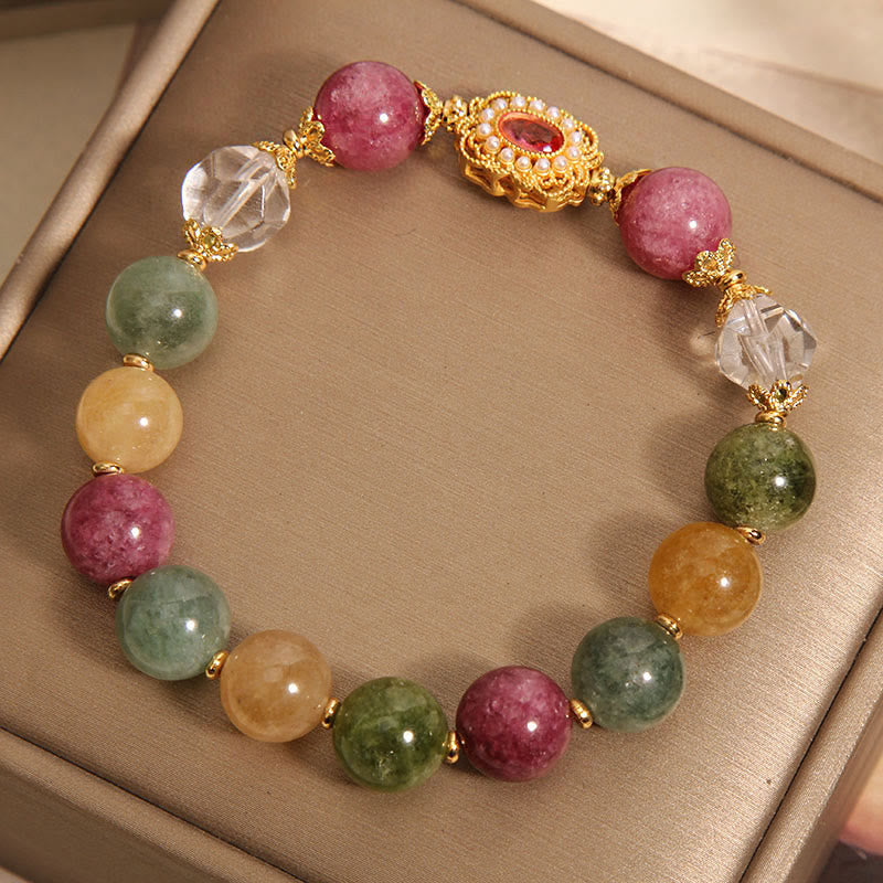 Pulsera de sabiduría con Buddha Stones, turmalina, perla, cristal rosa y cristal blanco