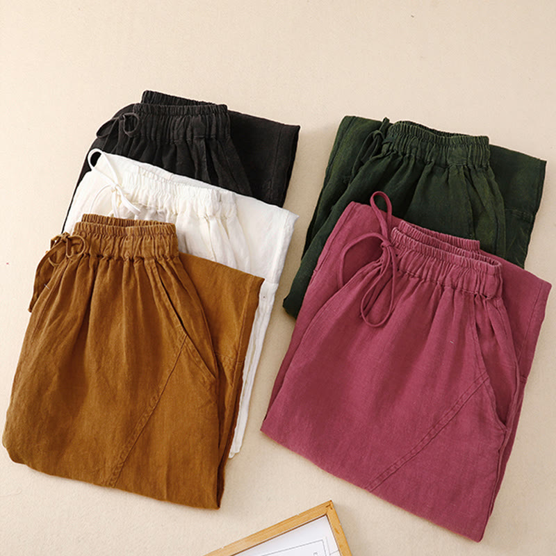 Pantalones harén de lino con cintura elástica y cordón ajustable para mujer de Buddha Stones con bolsillos - image 1
