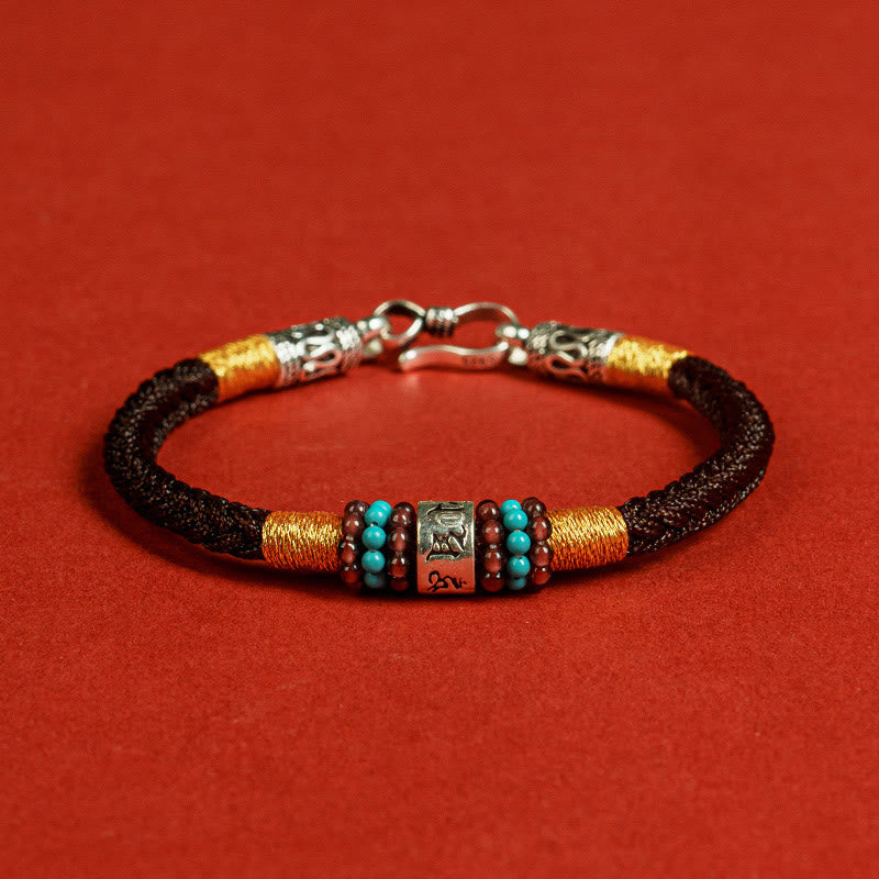 Pulsera de plata de ley 925 con seis palabras verdaderas y hilo rojo y negro con Buddha Stones - Marrón - 19 centímetros - image 2