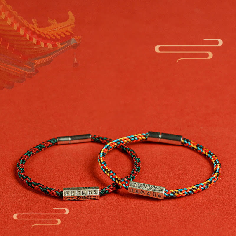 Pulsera de la suerte de plata de ley 925 con seis palabras verdaderas y hilo rojo y hilo negro de Buddha Stones