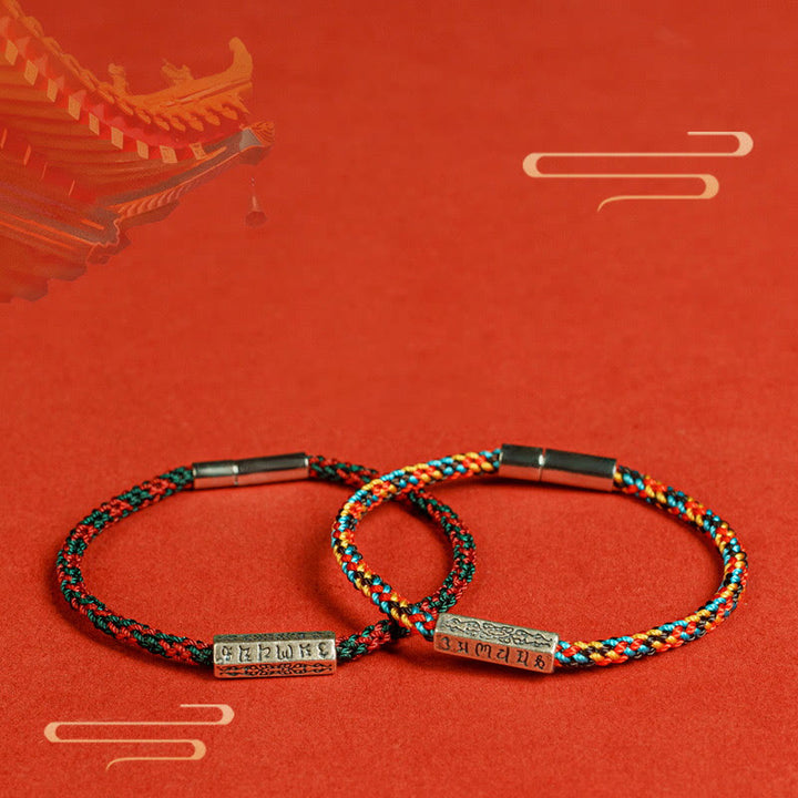 Pulsera de la suerte de plata de ley 925 con seis palabras verdaderas y hilo rojo y hilo negro de Buddha Stones