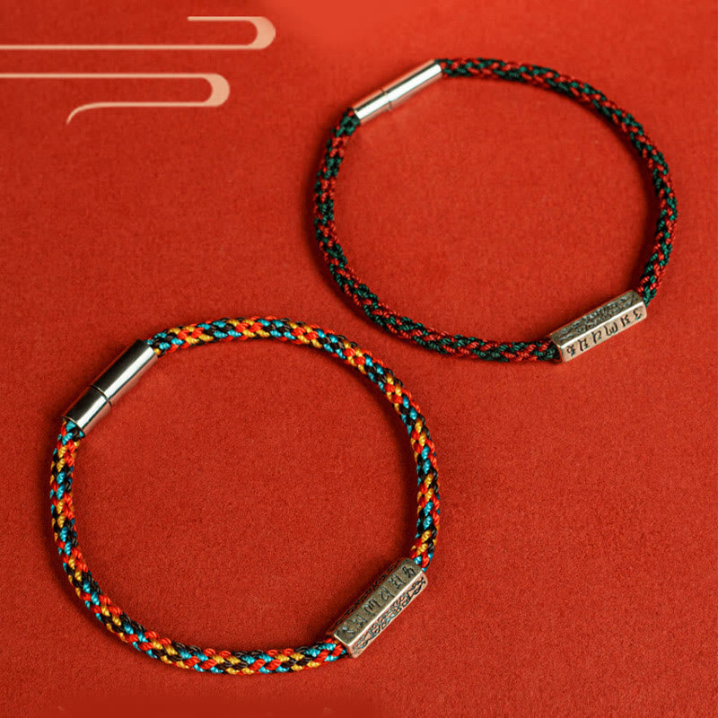 Pulsera de la suerte de plata de ley 925 con seis palabras verdaderas y hilo rojo y hilo negro de Buddha Stones