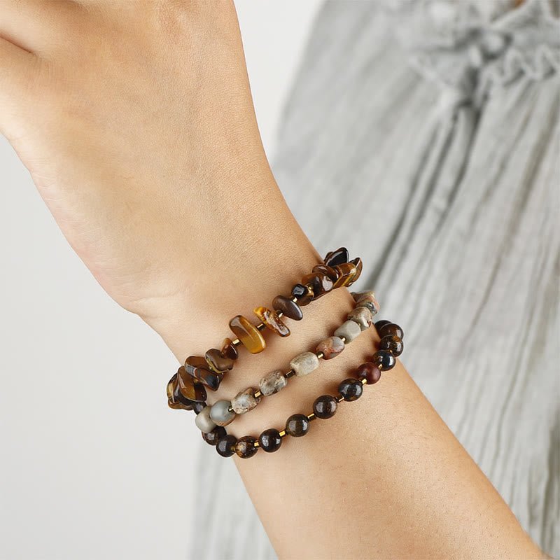 Pulsera de triple vuelta con piedra del emperador, ojo de tigre y bronzita de Buddha Stones