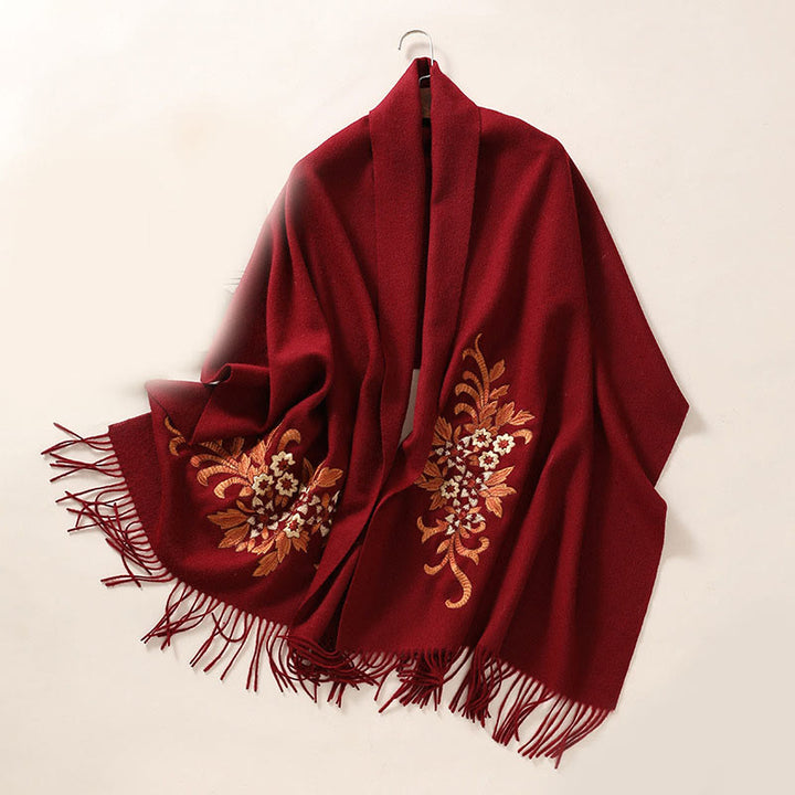 Bufanda de viaje acogedora de invierno con borlas bordadas con begonia y chal de lana con Buddha Stones - Rojo oscuro - 200*60 cm - image 11