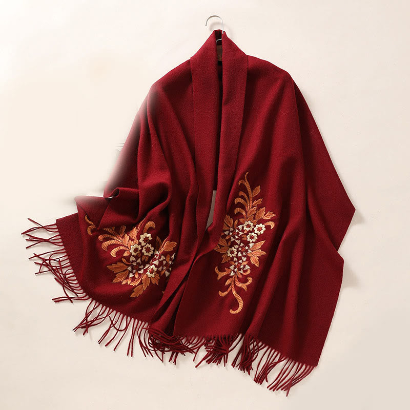 Bufanda de viaje acogedora de invierno con borlas bordadas con begonia y chal de lana con Buddha Stones
