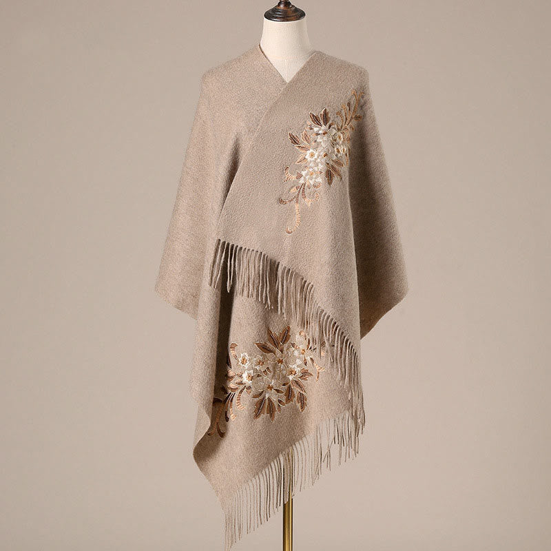 Bufanda de viaje acogedora de invierno con borlas bordadas con begonia y chal de lana con Buddha Stones - Broncearse - 200 x 60 cm - image 0