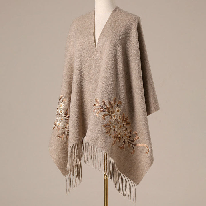 Bufanda de viaje acogedora de invierno con borlas bordadas con begonia y chal de lana con Buddha Stones