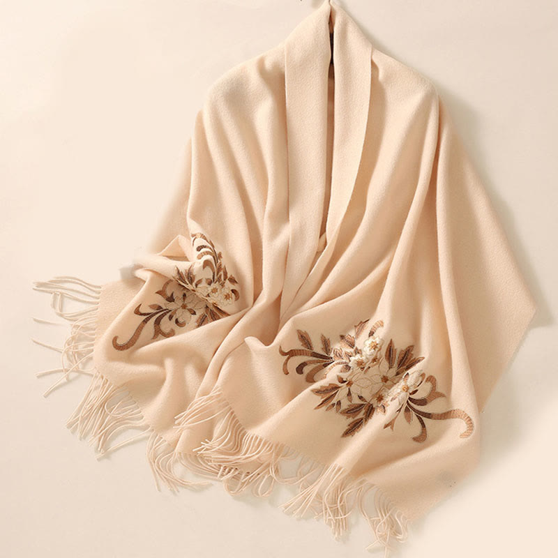 Bufanda de viaje acogedora de invierno con borlas bordadas con begonia y chal de lana con Buddha Stones