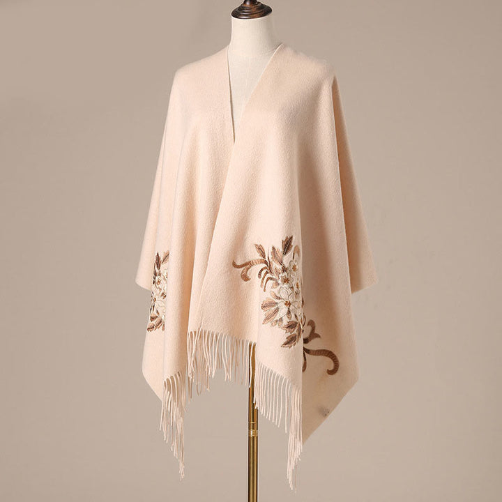 Bufanda de viaje acogedora de invierno con borlas bordadas con begonia y chal de lana con Buddha Stones