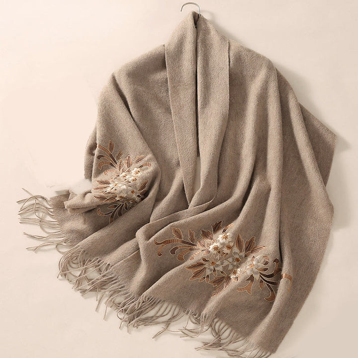 Bufanda de viaje acogedora de invierno con borlas bordadas con begonia y chal de lana con Buddha Stones