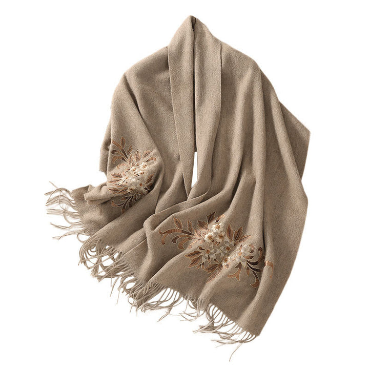 Bufanda de viaje acogedora de invierno con borlas bordadas con begonia y chal de lana con Buddha Stones
