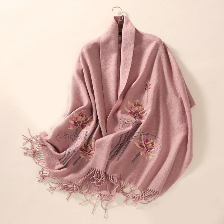Chal de lana con Buddha Stones y borlas bordadas con loto para invierno, bufanda de viaje acogedora