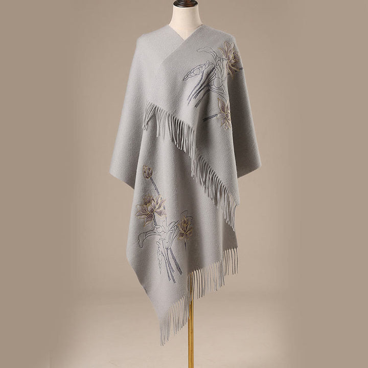 Chal de lana con Buddha Stones y borlas bordadas con loto para invierno, bufanda de viaje acogedora