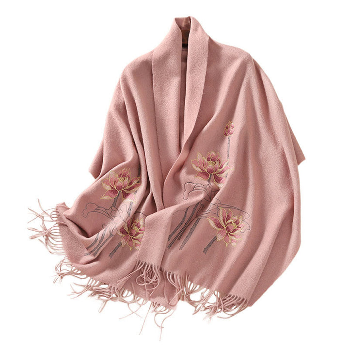 Chal de lana con Buddha Stones y borlas bordadas con loto para invierno, bufanda de viaje acogedora