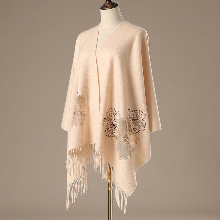 Chal de lana con Buddha Stones y hojas de loto bordadas con borlas, bufanda de viaje acogedora para el invierno