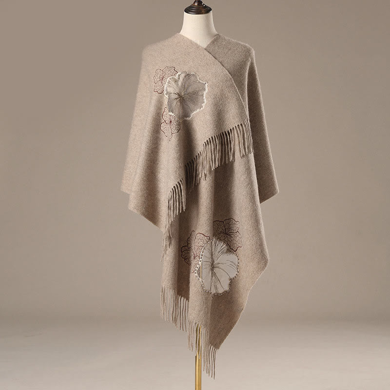 Chal de lana con Buddha Stones y hojas de loto bordadas con borlas, bufanda de viaje acogedora para el invierno