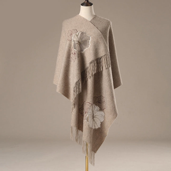 Chal de lana con Buddha Stones y hojas de loto bordadas con borlas, bufanda de viaje acogedora para el invierno