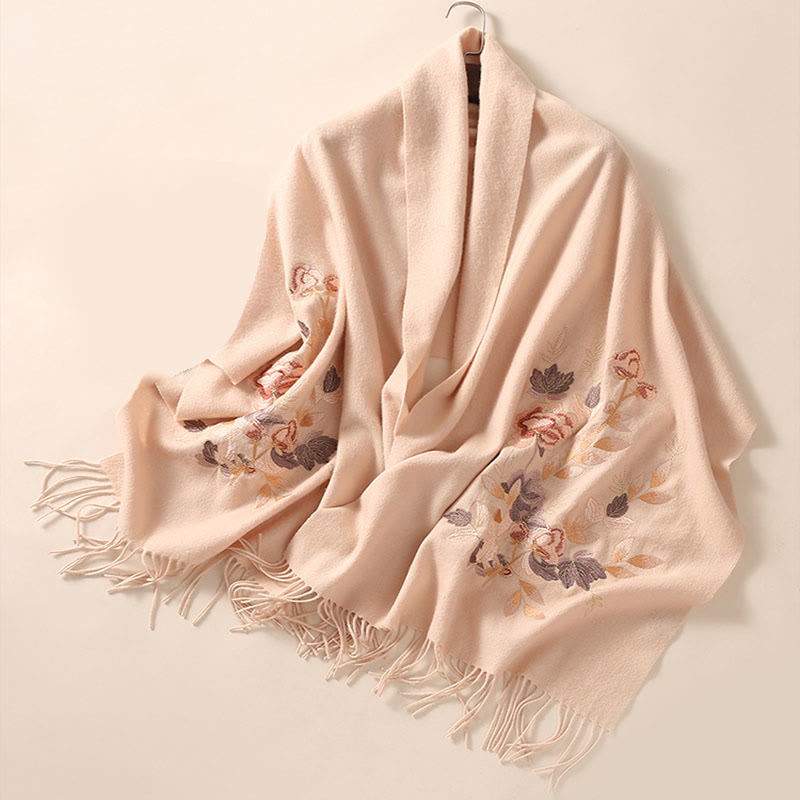 Chal de lana con Buddha Stones y borlas bordadas con flores de Weiyang, bufanda de viaje acogedora para el invierno