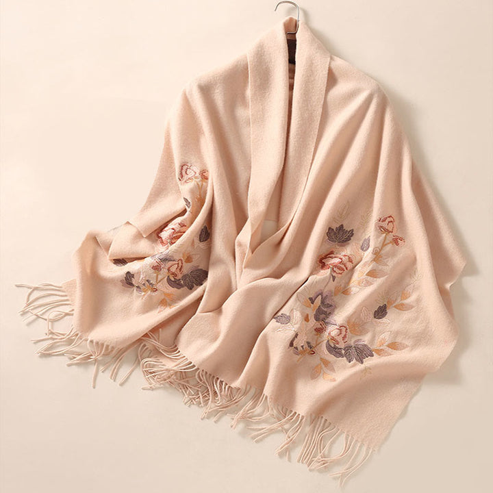 Chal de lana con Buddha Stones y borlas bordadas con flores de Weiyang, bufanda de viaje acogedora para el invierno