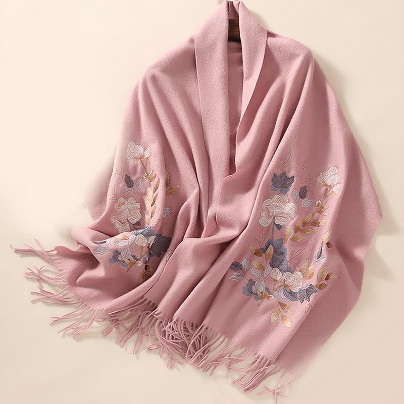 Chal de lana con Buddha Stones y borlas bordadas con flores de Weiyang, bufanda de viaje acogedora para el invierno