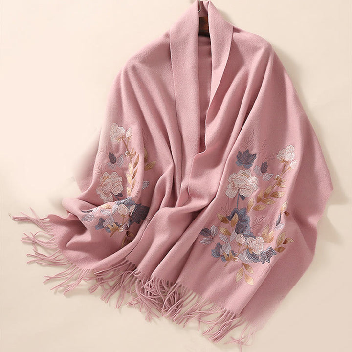 Chal de lana con Buddha Stones y borlas bordadas con flores de Weiyang, bufanda de viaje acogedora para el invierno