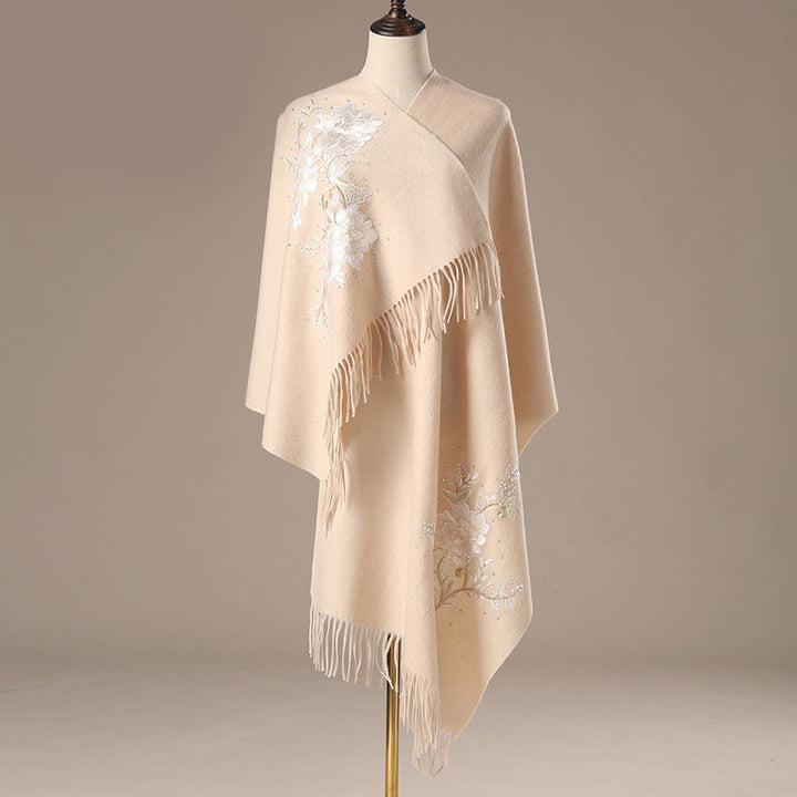 Chal de lana con Buddha Stones y flores blancas bordadas con borlas, bufanda de viaje acogedora para el invierno