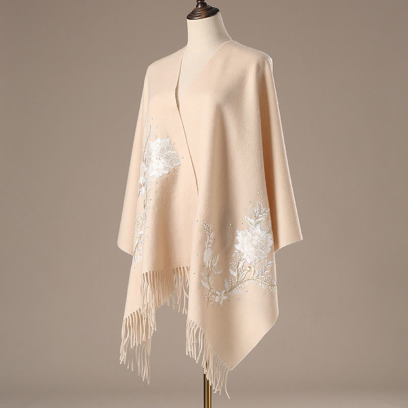 Chal de lana con Buddha Stones y flores blancas bordadas con borlas, bufanda de viaje acogedora para el invierno