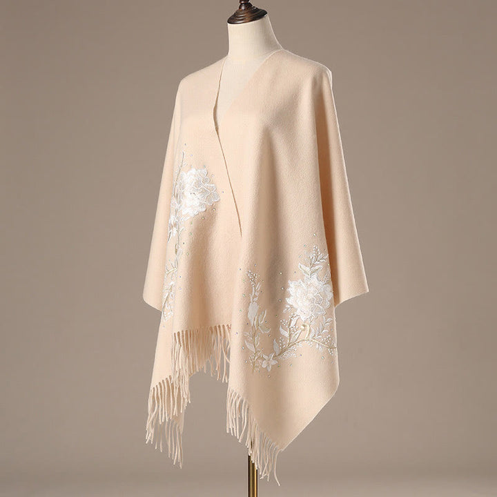 Chal de lana con Buddha Stones y flores blancas bordadas con borlas, bufanda de viaje acogedora para el invierno