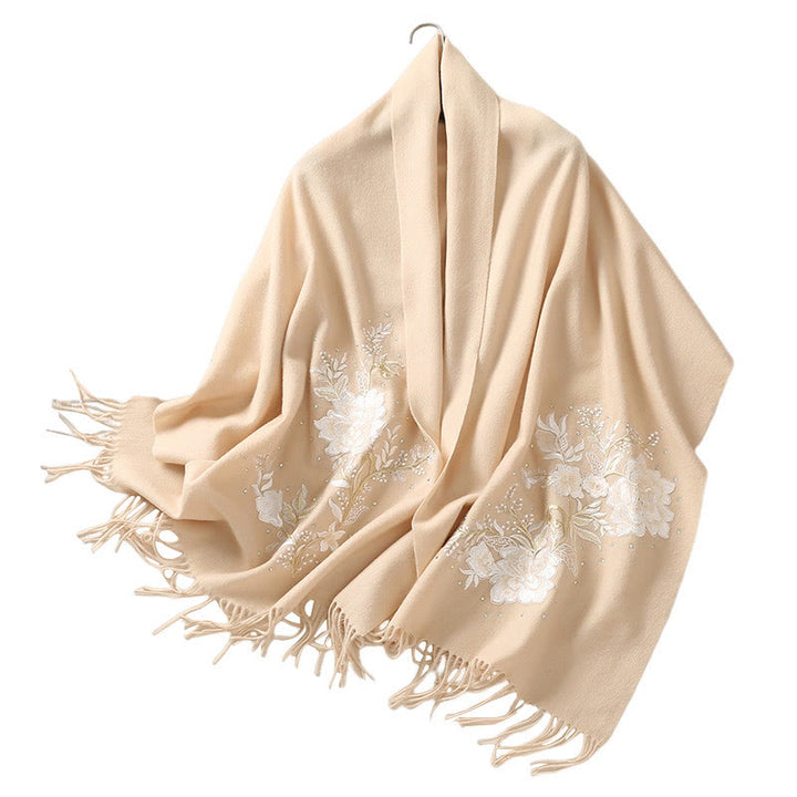 Chal de lana con Buddha Stones y flores blancas bordadas con borlas, bufanda de viaje acogedora para el invierno