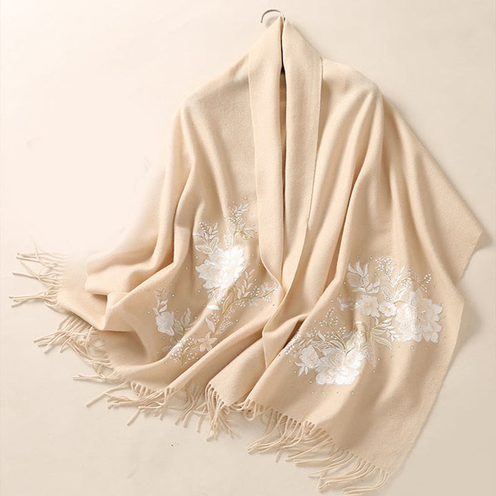 Chal de lana con Buddha Stones y flores blancas bordadas con borlas, bufanda de viaje acogedora para el invierno