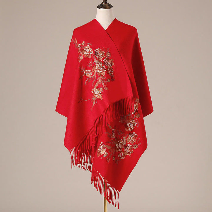Chal de lana con Buddha Stones, flores, hojas, bordado, borlas, bufanda de viaje acogedora para invierno