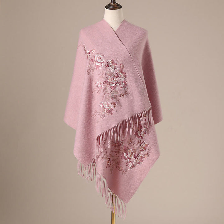 Chal de lana con Buddha Stones, flores, hojas, bordado, borlas, bufanda de viaje acogedora para invierno