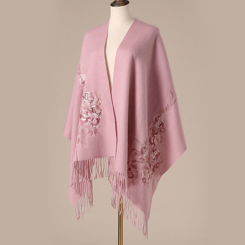 Chal de lana con Buddha Stones, flores, hojas, bordado, borlas, bufanda de viaje acogedora para invierno