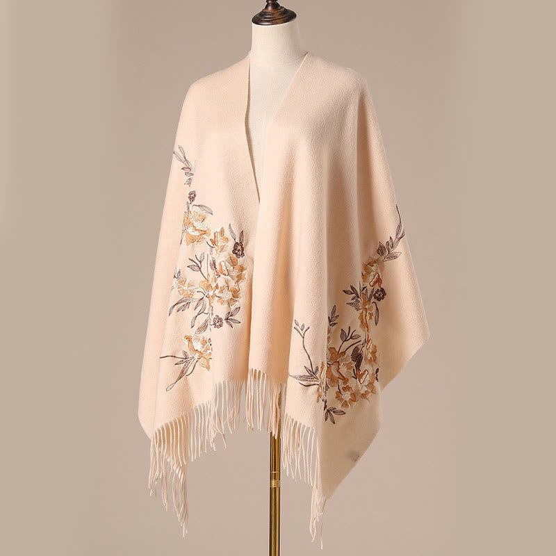 Chal de lana con Buddha Stones, flores, hojas, bordado, borlas, bufanda de viaje acogedora para invierno