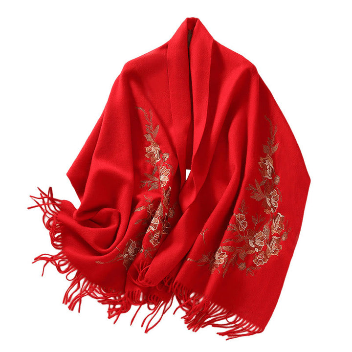Chal de lana con Buddha Stones, flores, hojas, bordado, borlas, bufanda de viaje acogedora para invierno