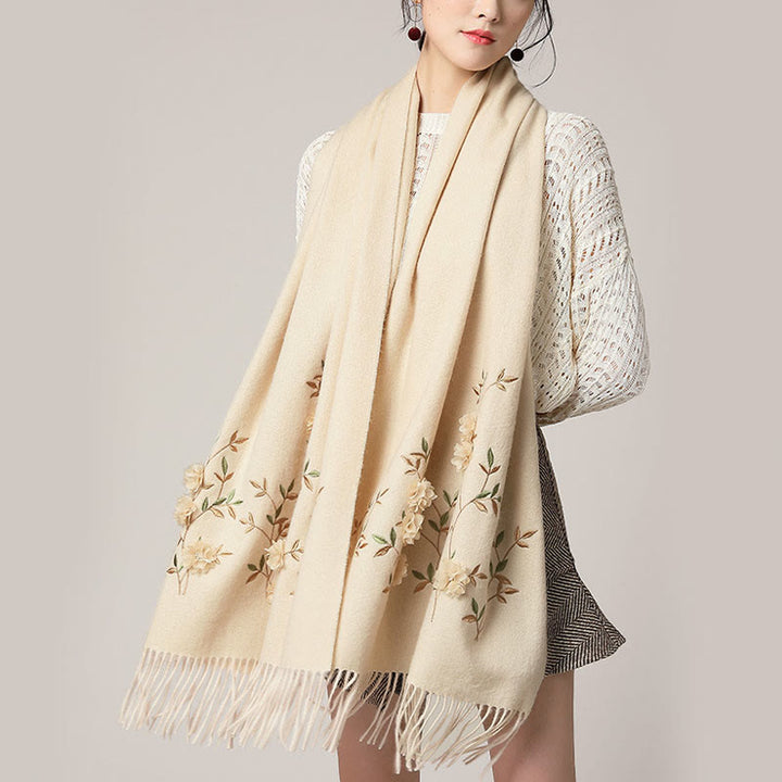 Chal de lana con Buddha Stones y bordado floral en 3D, bufanda de viaje acogedora para el invierno con borlas