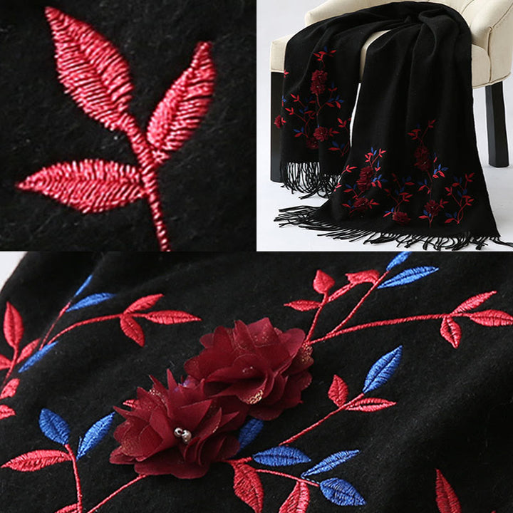 Chal de lana con Buddha Stones y bordado floral en 3D, bufanda de viaje acogedora para el invierno con borlas