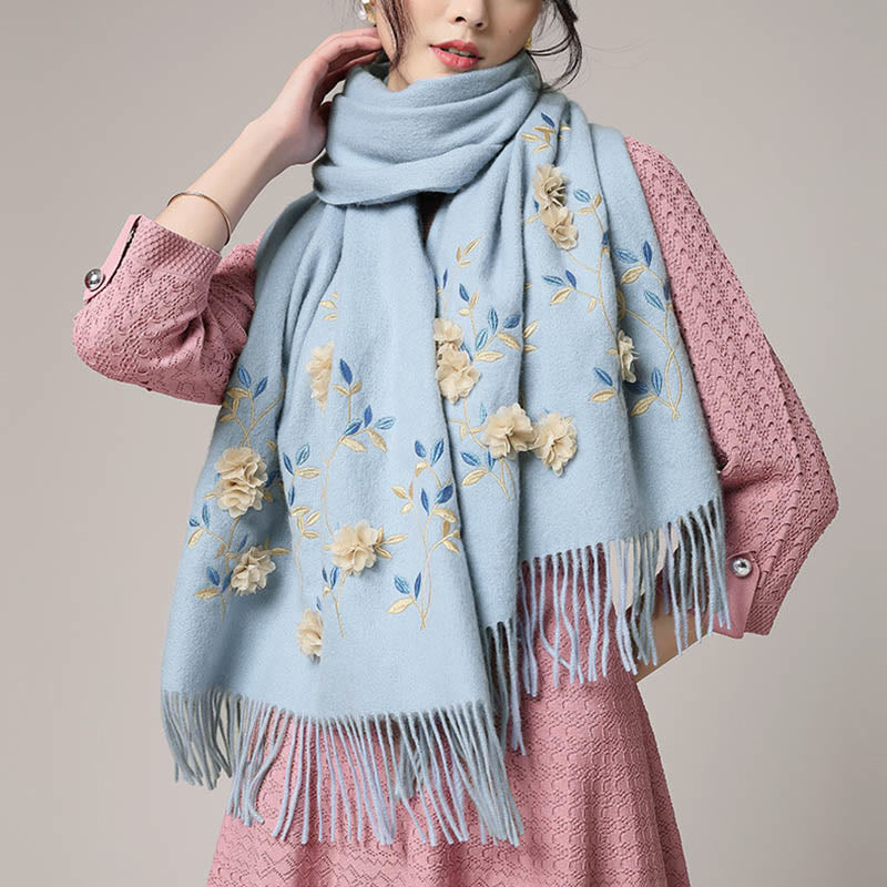 Chal de lana con Buddha Stones y bordado floral en 3D, bufanda de viaje acogedora para el invierno con borlas