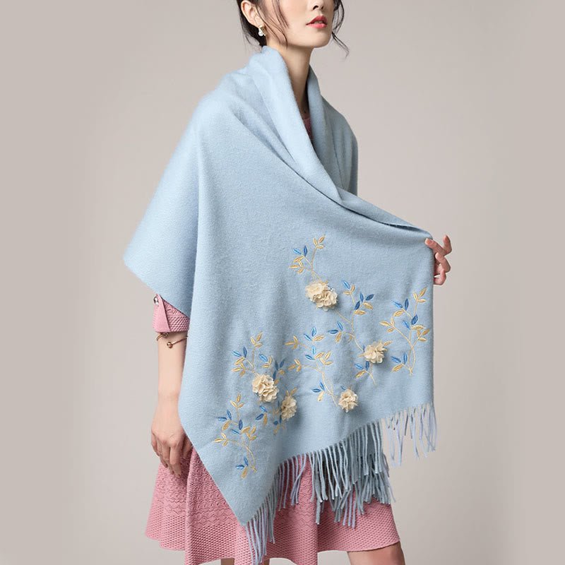 Chal de lana con Buddha Stones y bordado floral en 3D, bufanda de viaje acogedora para el invierno con borlas