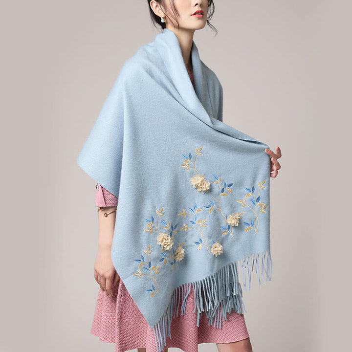 Chal de lana con Buddha Stones y bordado floral en 3D, bufanda de viaje acogedora para el invierno con borlas