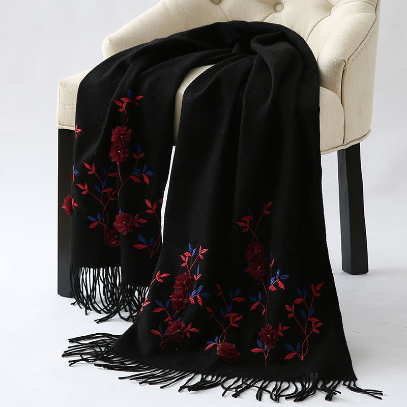 Chal de lana con Buddha Stones y bordado floral en 3D, bufanda de viaje acogedora para el invierno con borlas